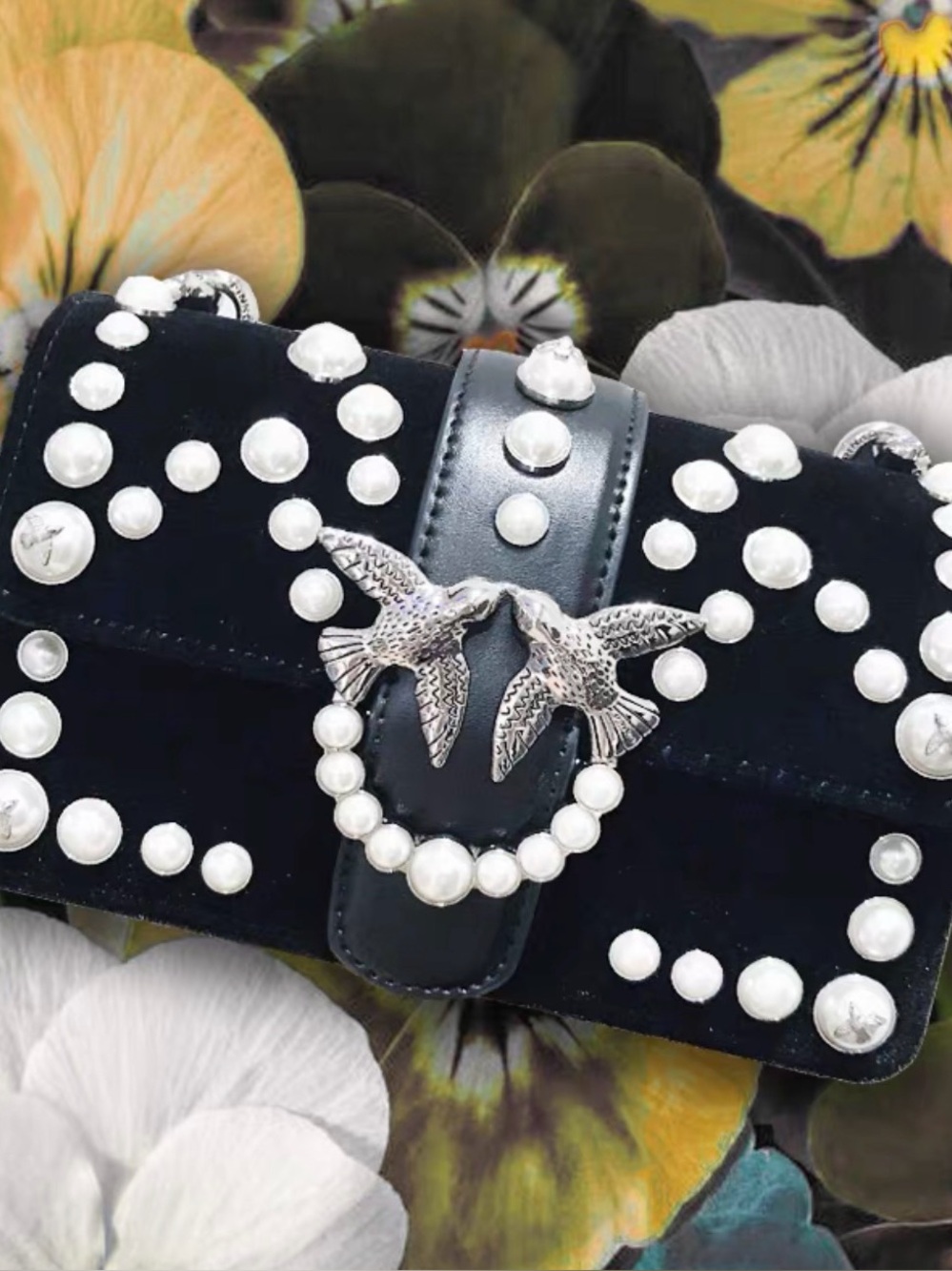 Pinko Black Velvet Crossbody with Pearl & Silver Bird Detail